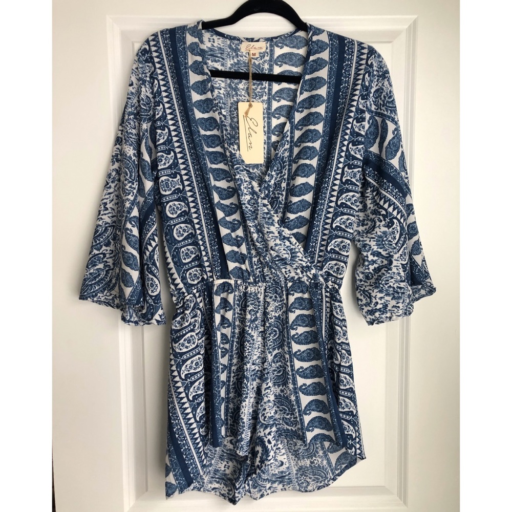 NWT Elan Blue and White Print Romper